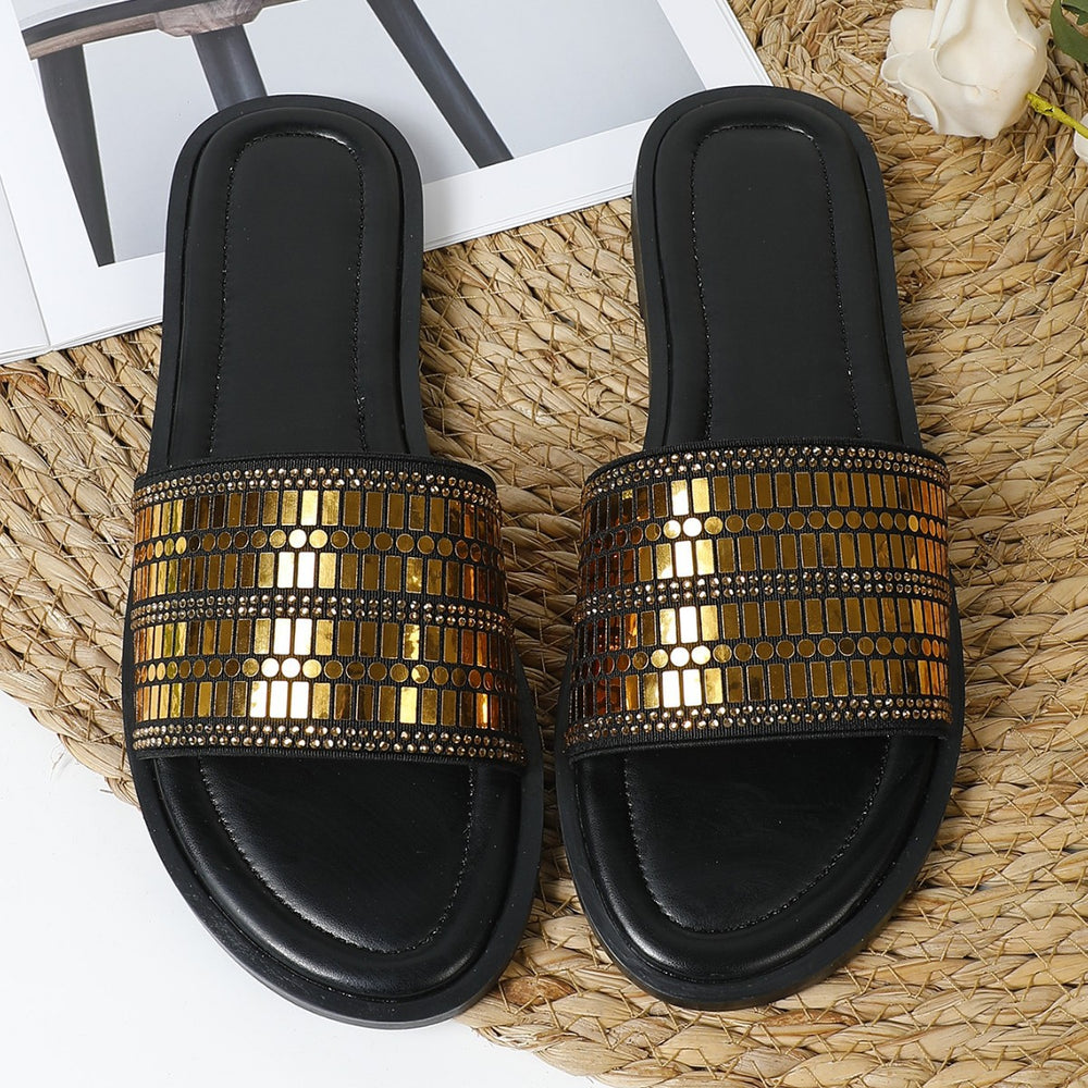 Women's flat sandals and slippers - new fashionable sequin round toe flat sandals with rhinestone embellishments for women