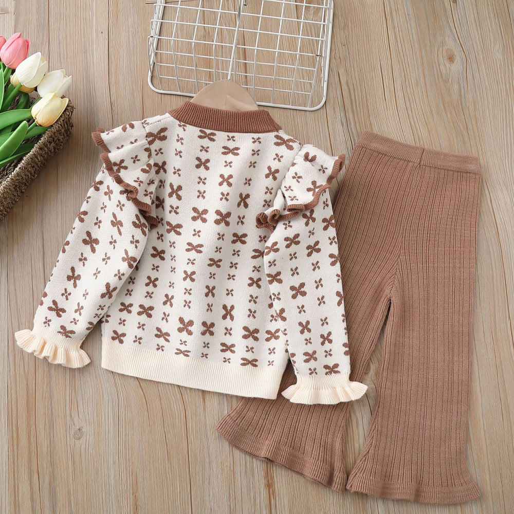 Girls' knitted sweater two-piece set -  autumn/winter new collection - bowknot detail, crew neck cardigan & knit sweater set for little girls