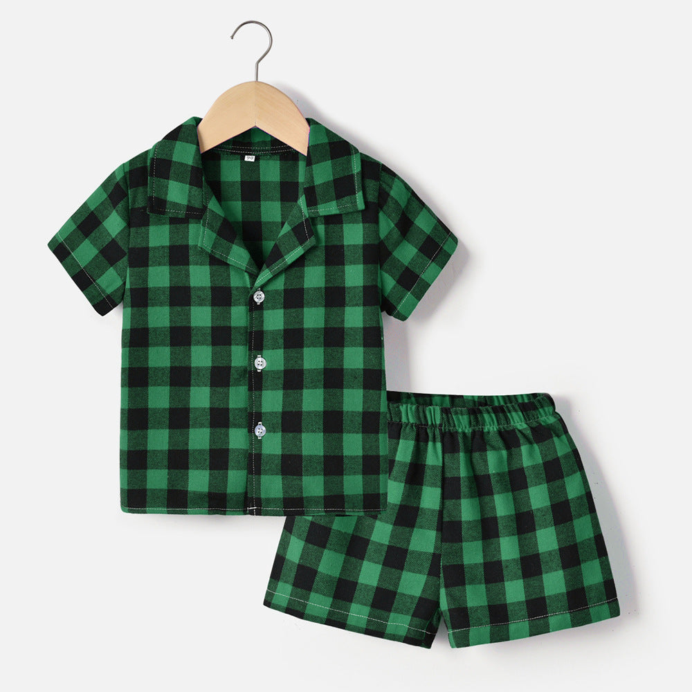 Export children's clothing kids pajamas spring and summer boys short-sleeved kids plaidcardigan boys thin cotton kids home clothes