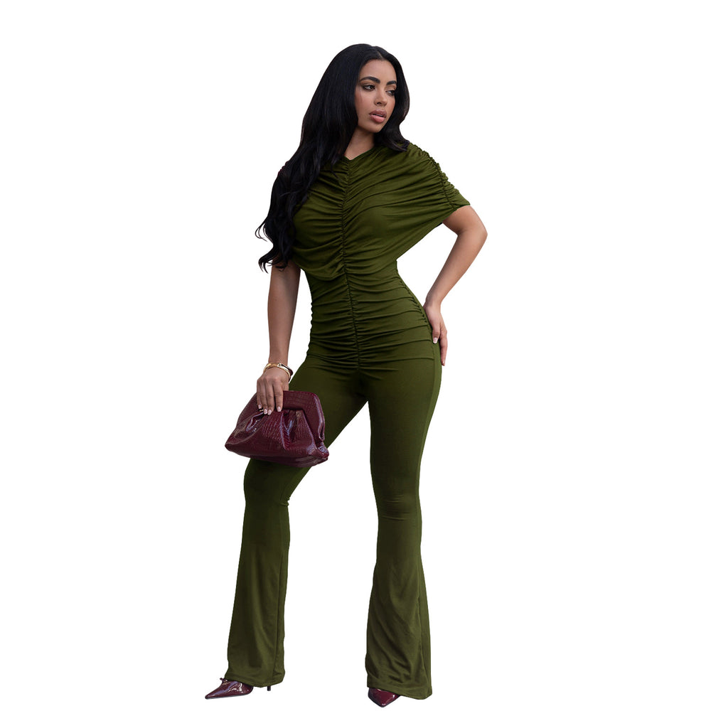 C7651 cross-border   fashion women's elegancefashion slim pure color wide leg jumpsuit