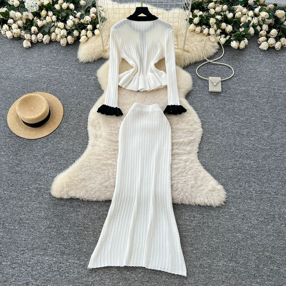 Xiaoxiangfengtwo-piece setfemaleautumfrenchcontrast colormetal bucklelong sleevesruffle hemknitting shirt skirt