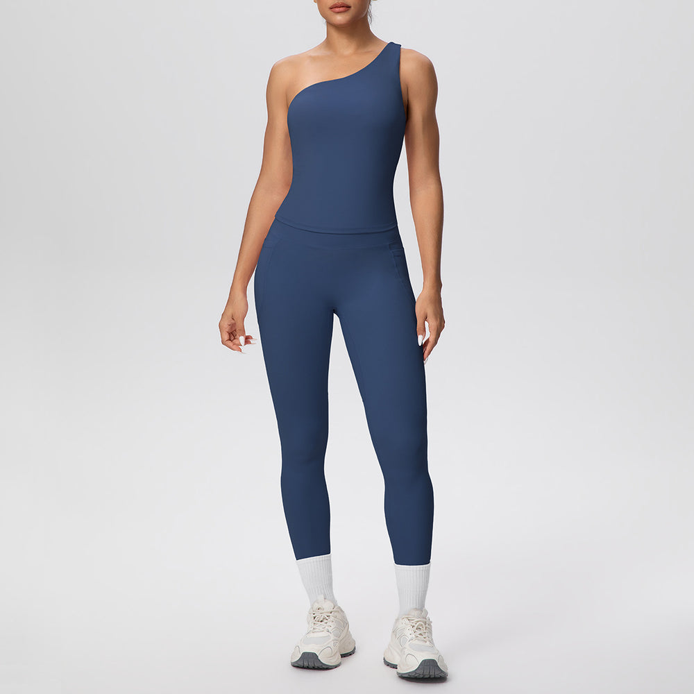 Sexy one-shoulder activewear set: high-waisted, figure-hugging leggings with pockets - perfect for outdoor leisure, running, fitness, and yoga