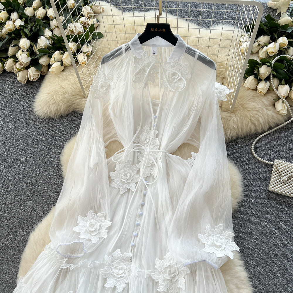 Fairy elegant dress  new french style 3d floral tie-waist lightweight mesh vacation dress