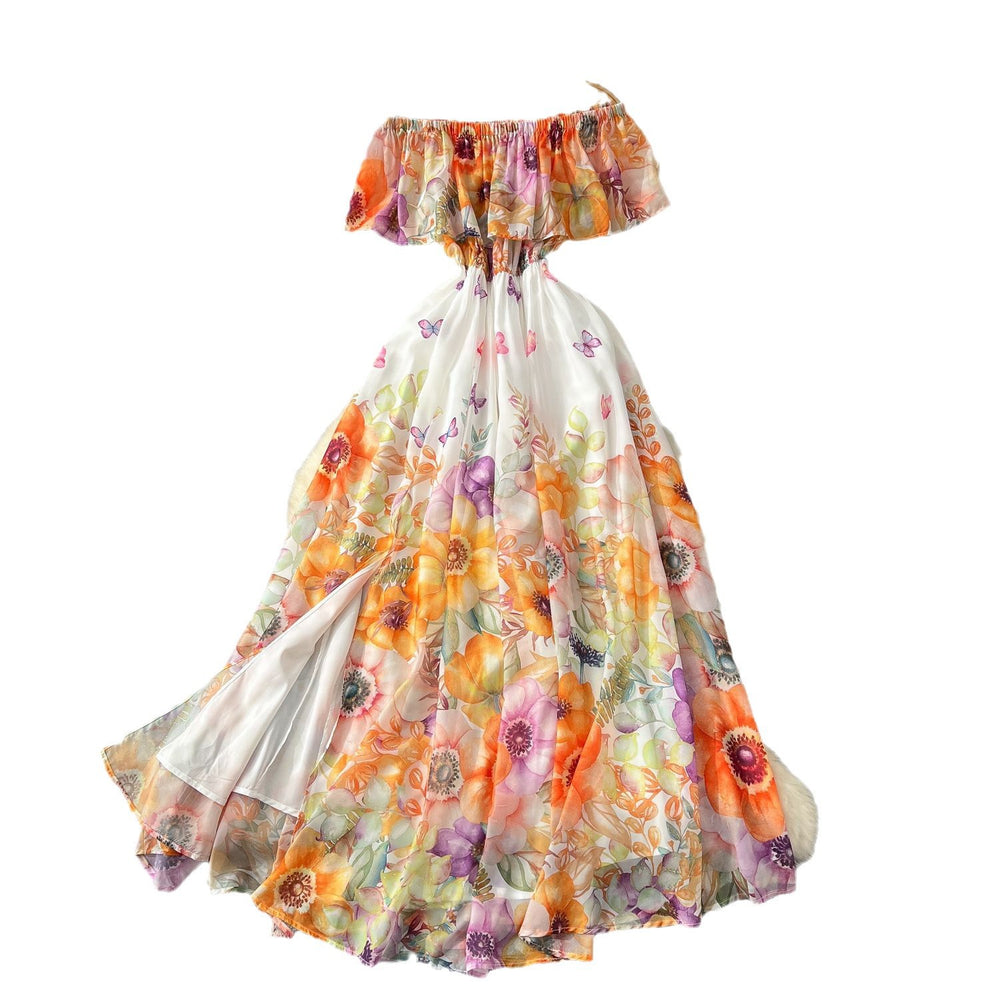 European and american sexy vacation style off-the-shoulder ruffle trim patchwork waist-tie elegant long maxi printed chiffon dress
