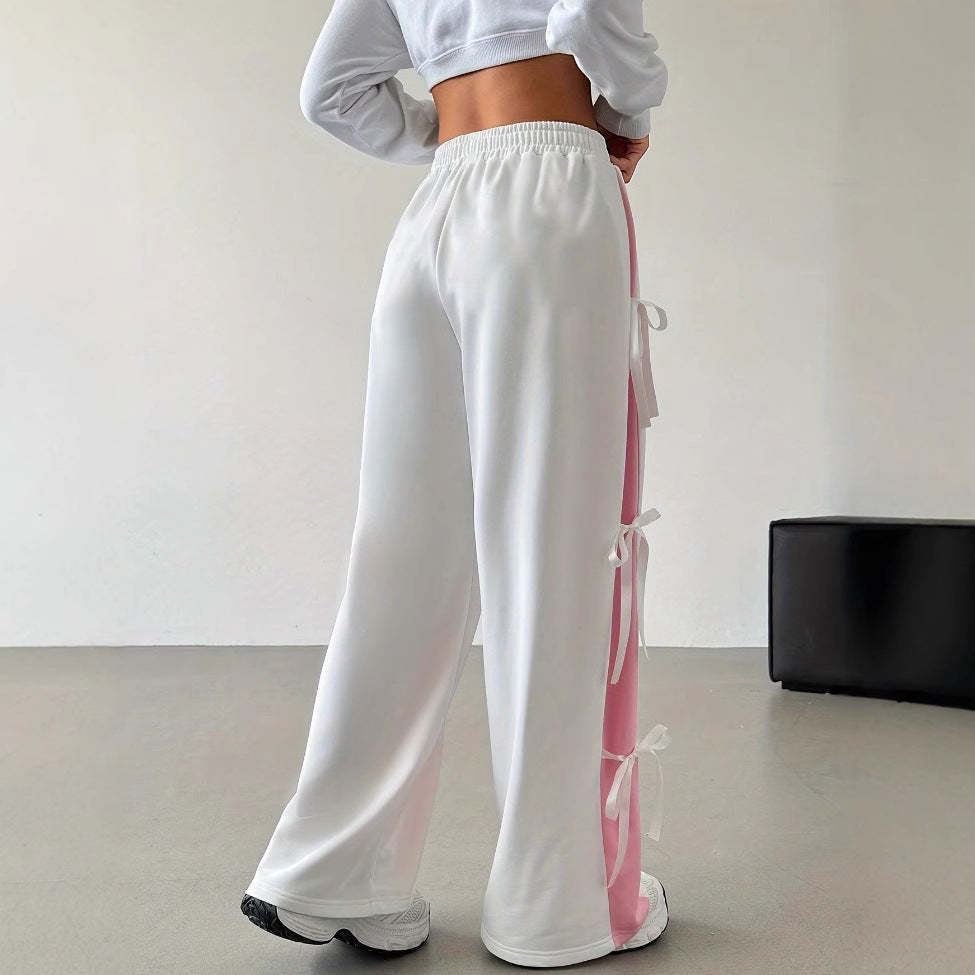 european and american style women's spring/autumn elastic waistband color-blocked straight-leg casual white athletic pants with bow detail