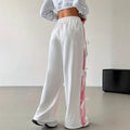 european and american style women's spring/autumn elastic waistband color-blocked straight-leg casual white athletic pants with bow detail