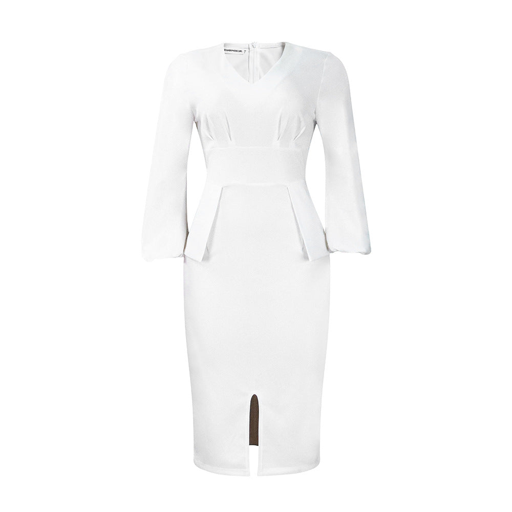 D354  european and american women's clothing v neck puff sleeve slit dress office pencil skirt african dress