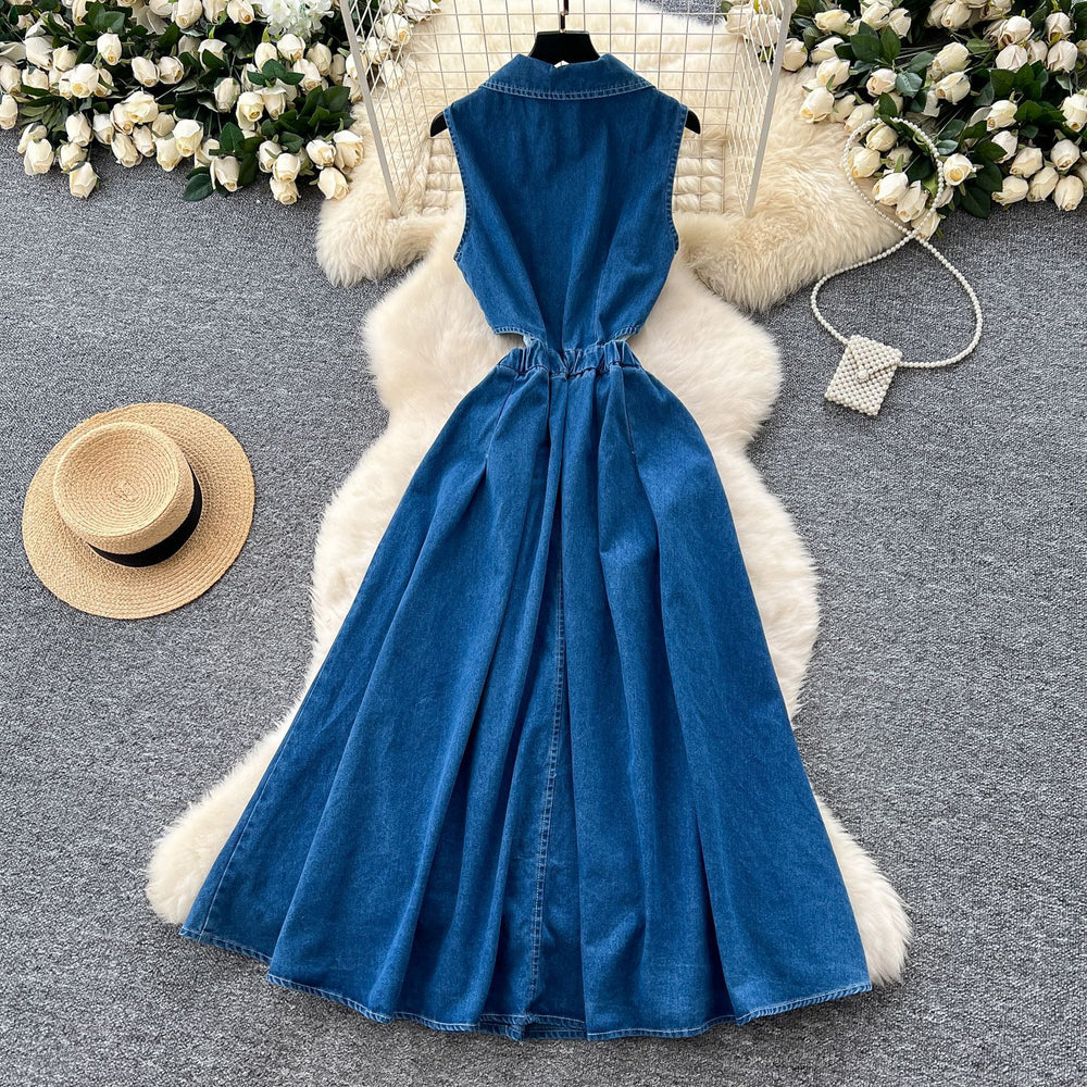 summer new arrival: women's denim dress - designer cutout, waist-exposed, slimming, elegant, slit, sleeveless maxi dress
