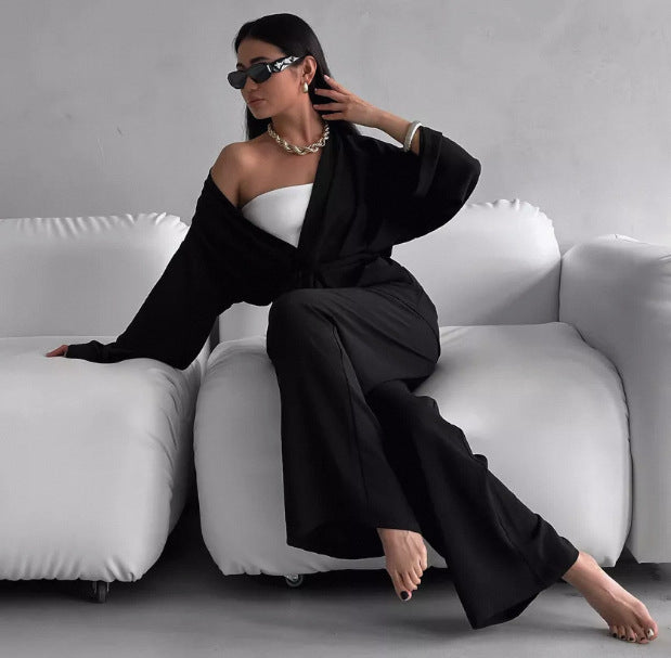 Cross-border new simple design set women's waist lace-up cardigan trousers  autumn leisure home two-piece set