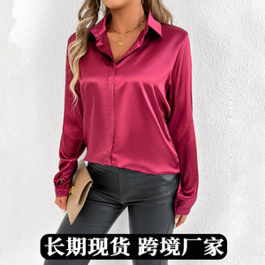 Real shot of best selling women's clothing spring summer  satin shirt shirt long sleeves satintopsexport