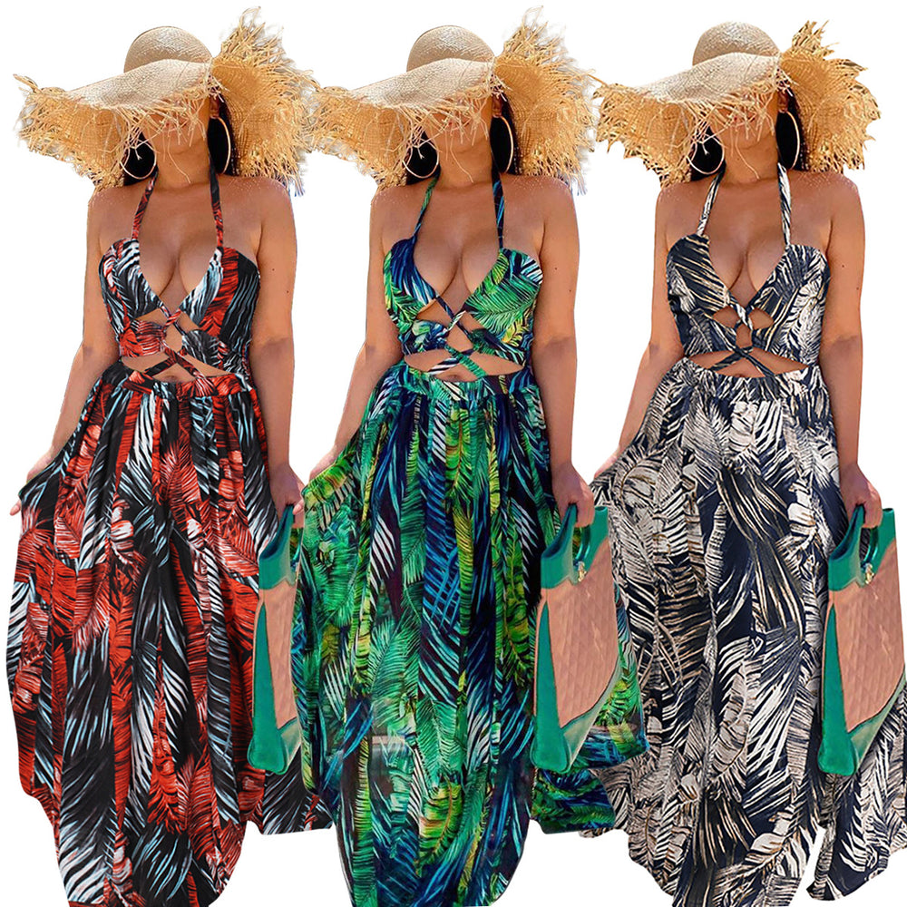 new arrival: cross-border e-commerce hot seller - halter neck maxi dress with digital print, european and american fashion style, flowy skirt, women's dress