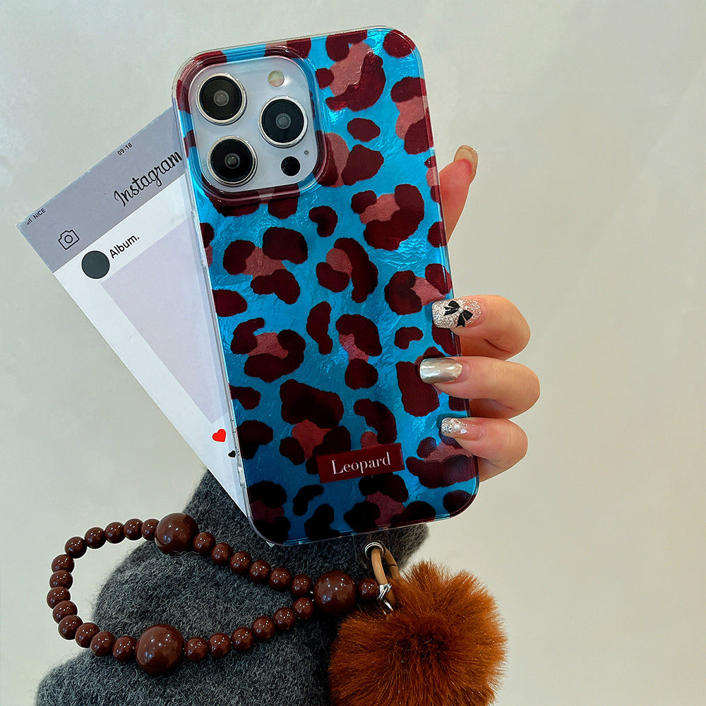 Blue and brown leopard print swirl case, compatible with apple 16 pro max, iphone 15, and iphone 14