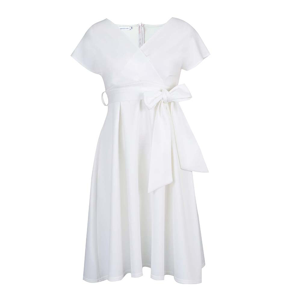 Amazon independent station summer v neckpure color waist bow tie european and american large swing dress cross-border dress