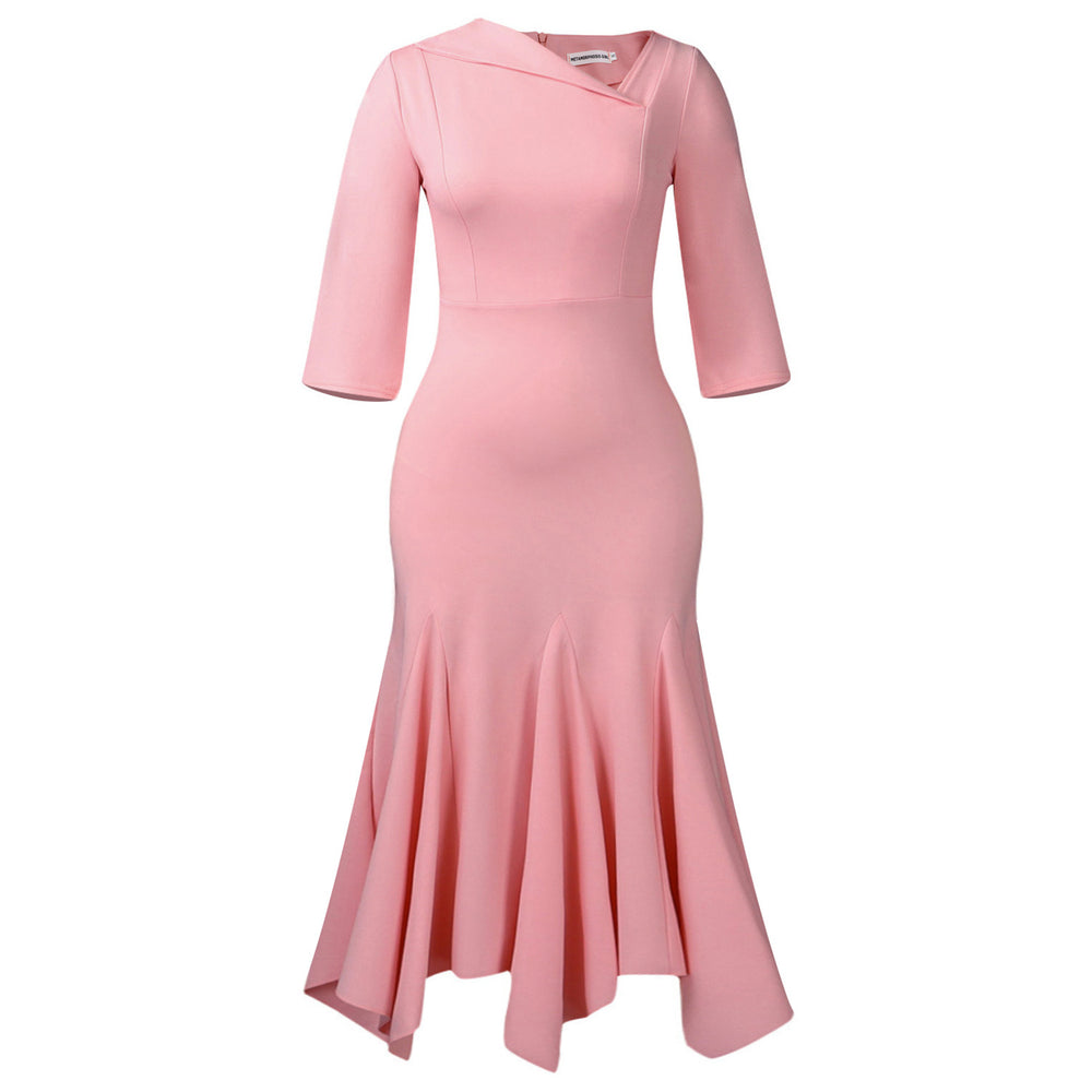 D3350 european and american cross-border women's fashion  new style elegant asymmetrical neck three-quarter sleeve high-waisted irregular dress