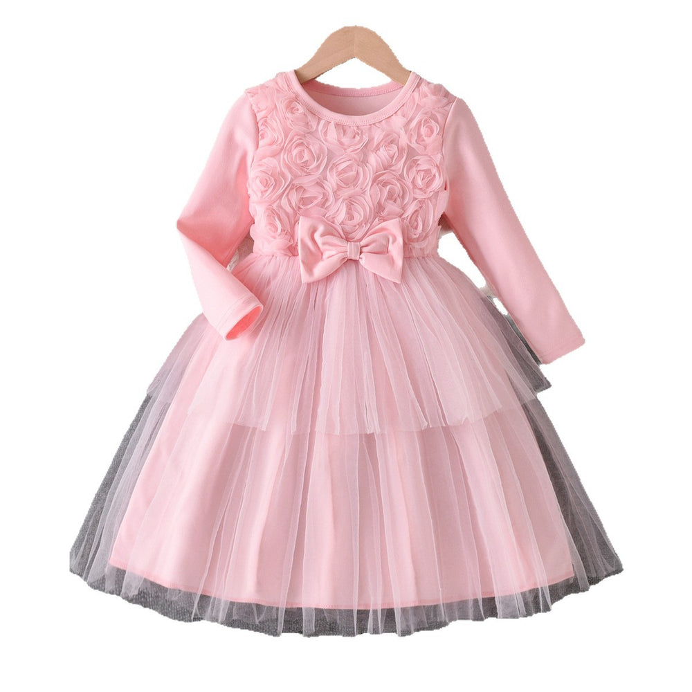 girls' dress - pink floral bow long sleeve tulle princess tutu dress - autumn children's skirt
