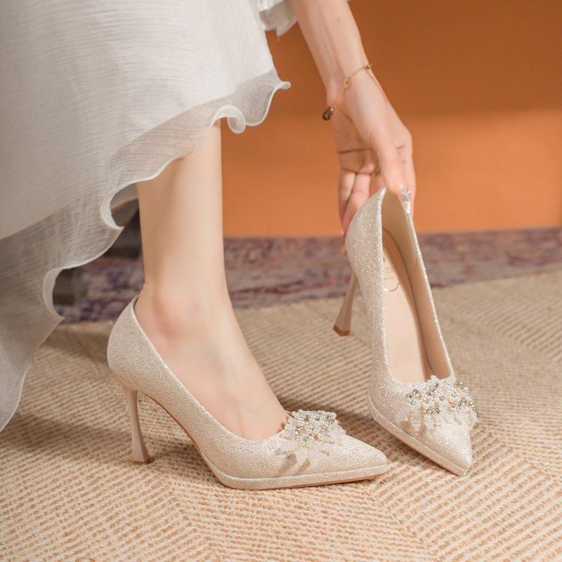 2025 new champagne glitter platform heels - women's chunky sole, comfortable, pointed-toe stiletto wedding shoes