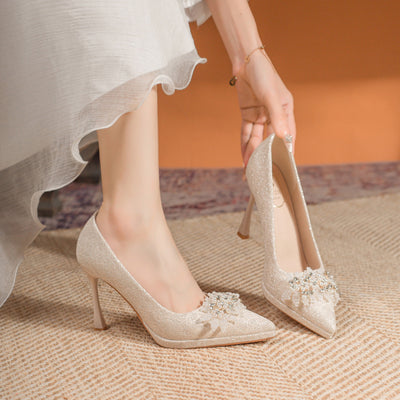 2025 new champagne glitter platform heels - women's chunky sole, comfortable, pointed-toe stiletto wedding shoes