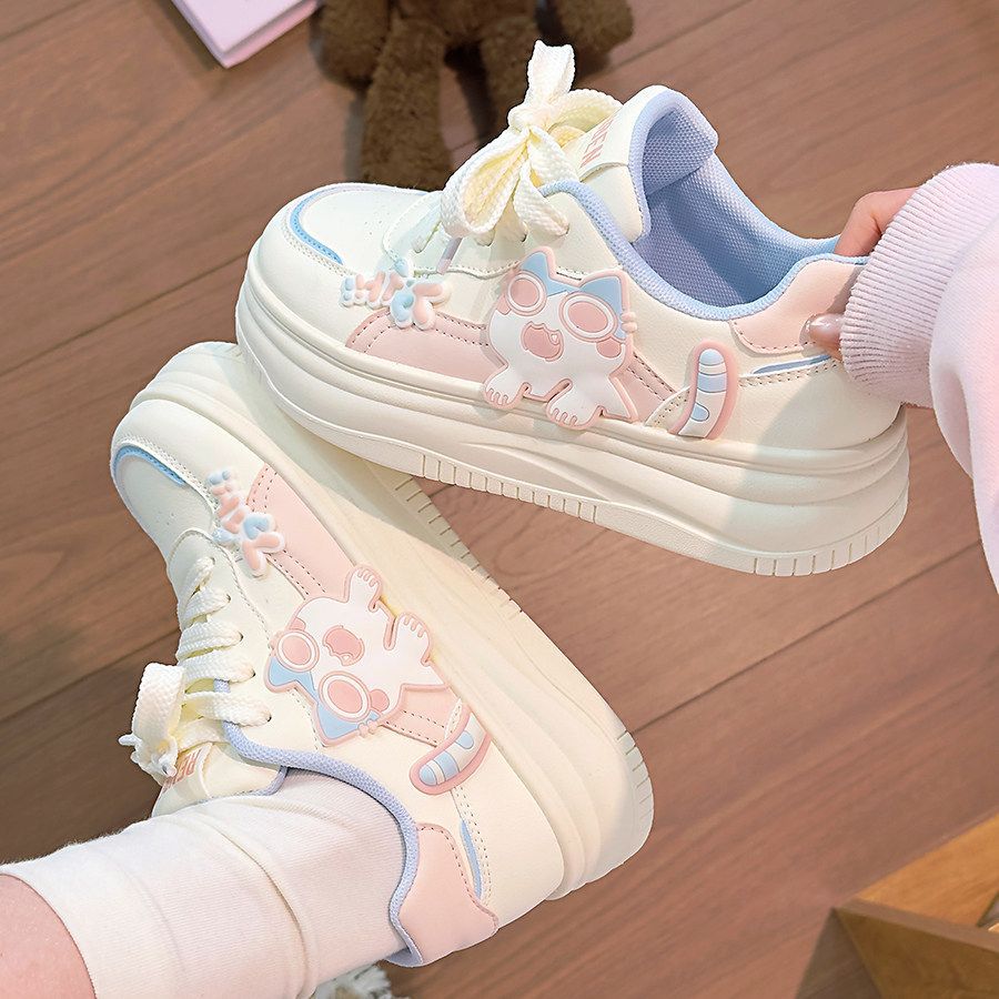 Pink women's cute cat sneakers -  spring/autumn new cartoon student platform korean style skate shoes