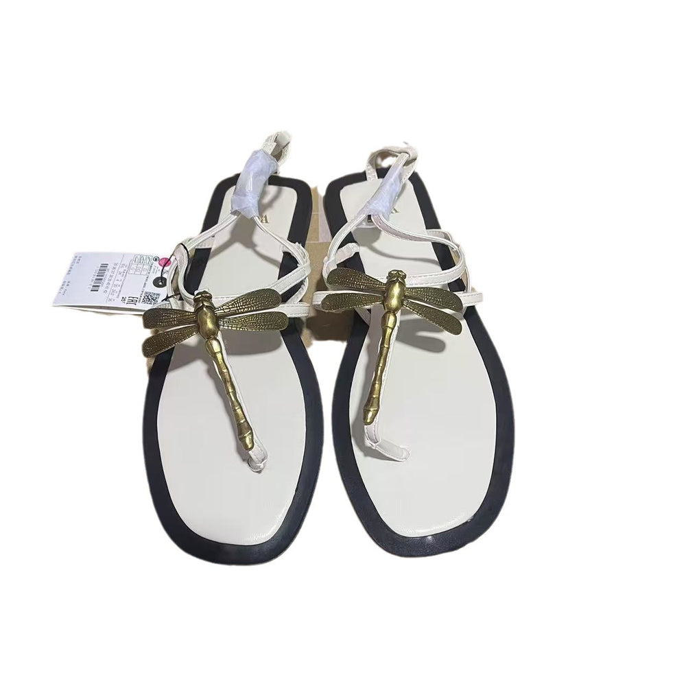 Za2024summer herringbone casualeasiest for match women's shoes metal dragonfly decoration flats sandals daily outwear women's shoes