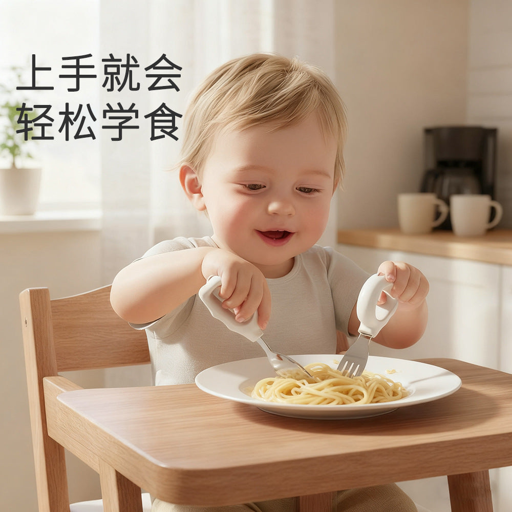 Wholesale children's stainless steel fork and spoon set, baby short-handled feeding fork and spoon, infant stainless steel training fork and spoon set