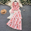 French romantic rose floral two-piece set for women - spring v-neck floral print lantern sleeve slimming chic outfit