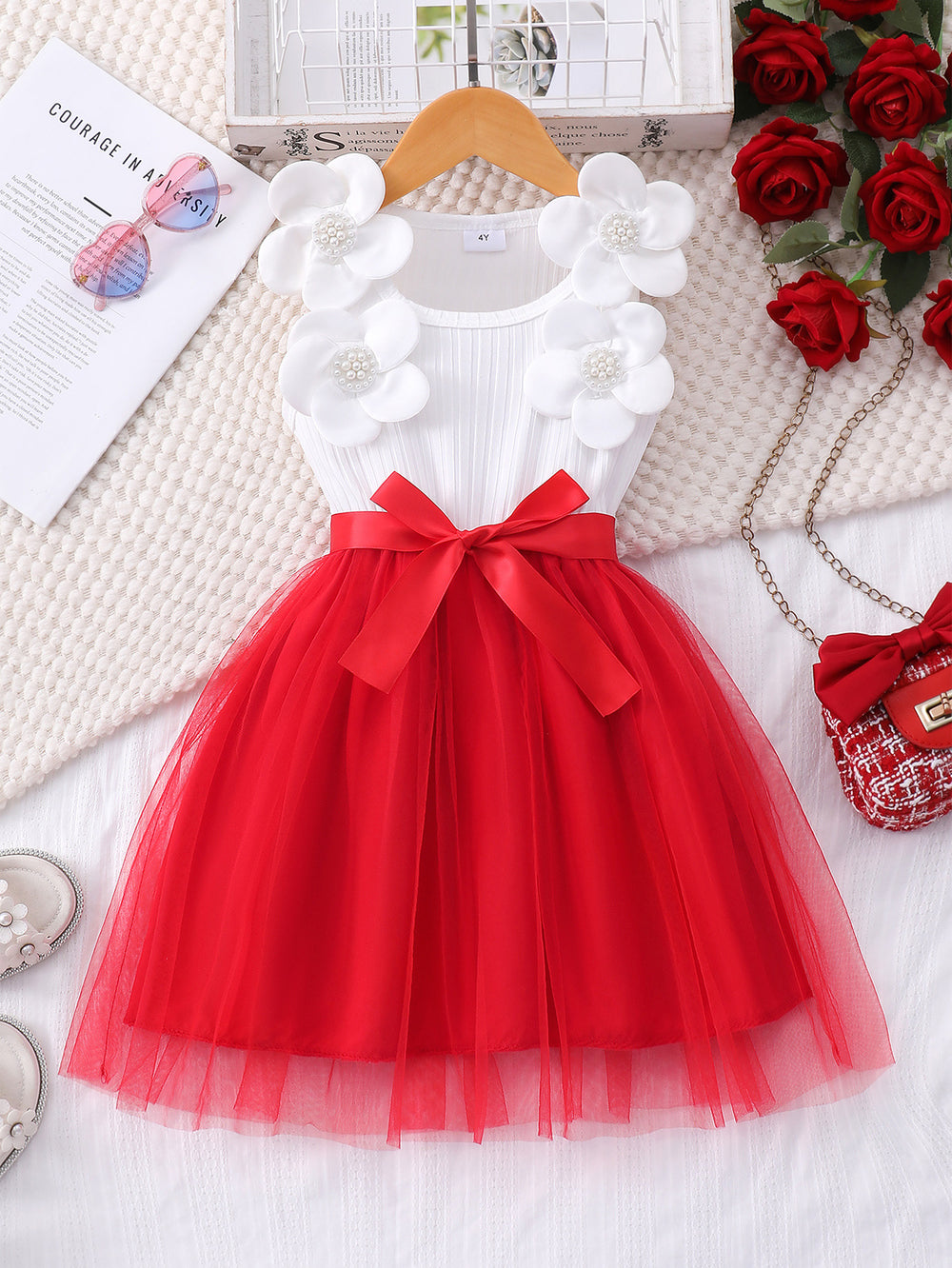 Girls' dress for toddlers and young children, pearl flower bow mesh dress