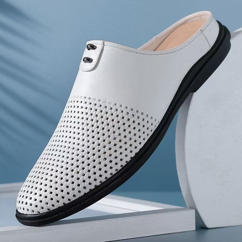 New breathable men's casual soft leather shoes - summer hollow-out slip-on loafers, backless mules for men