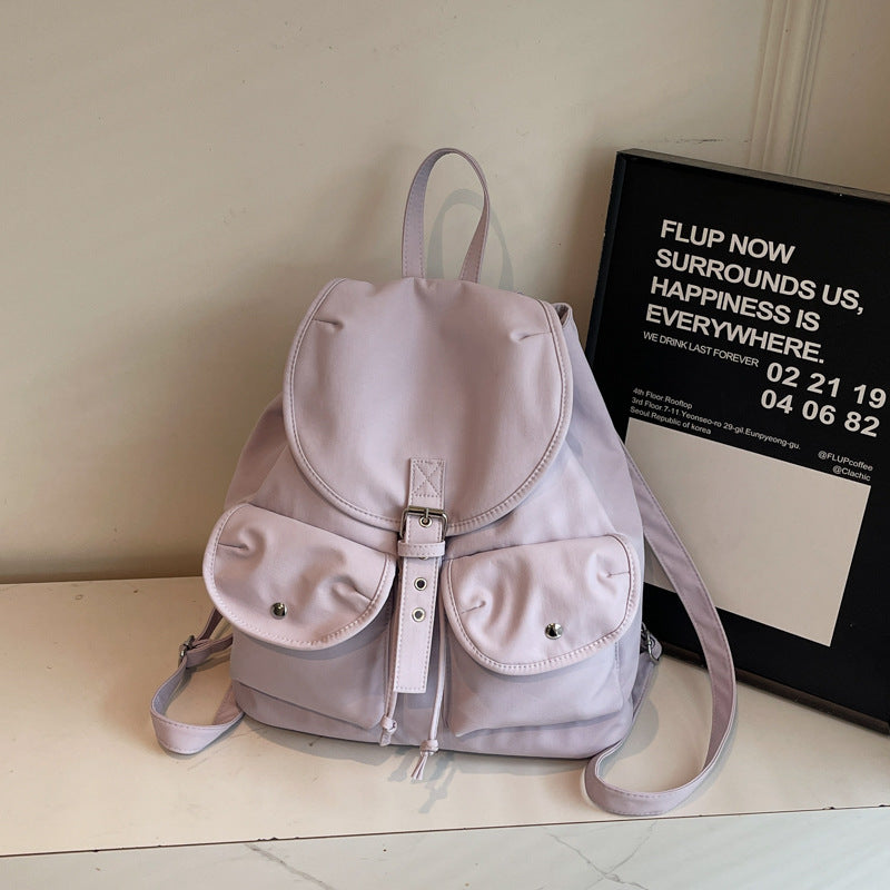 Solid color retro backpack women's 2025 new fashion travel leisure backpack double pocket college bag