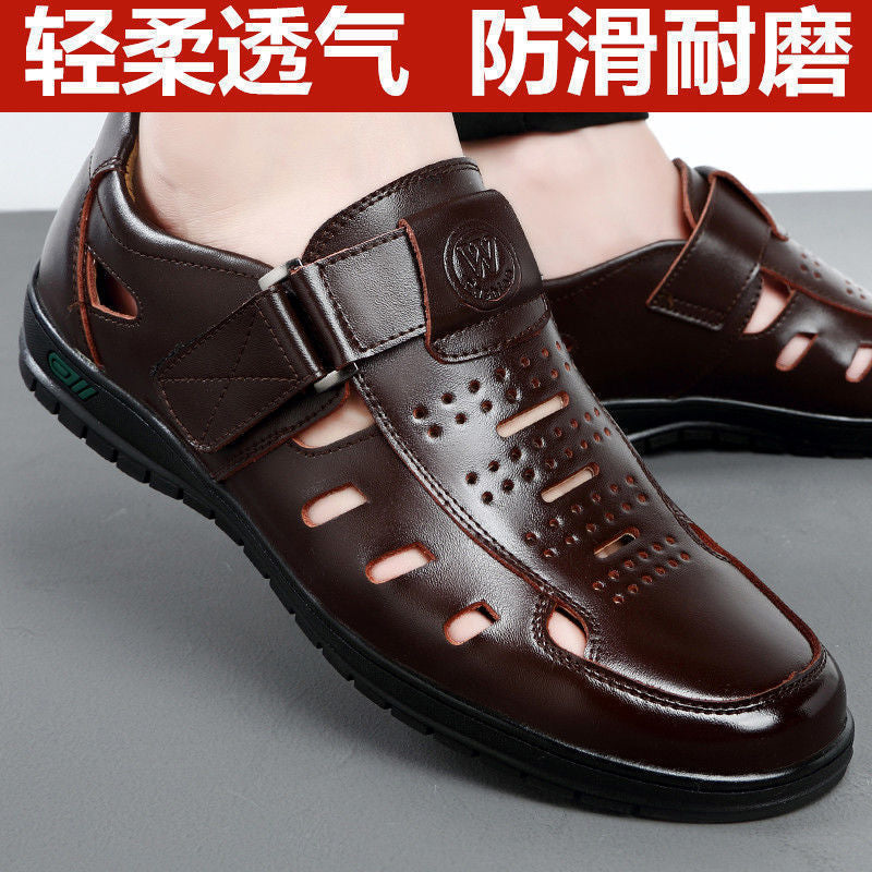 Summer hollow-out leather sandals for men - casual, breathable, business-ready, soft upper, perforated design, durable, middle-aged and elderly, dad shoes