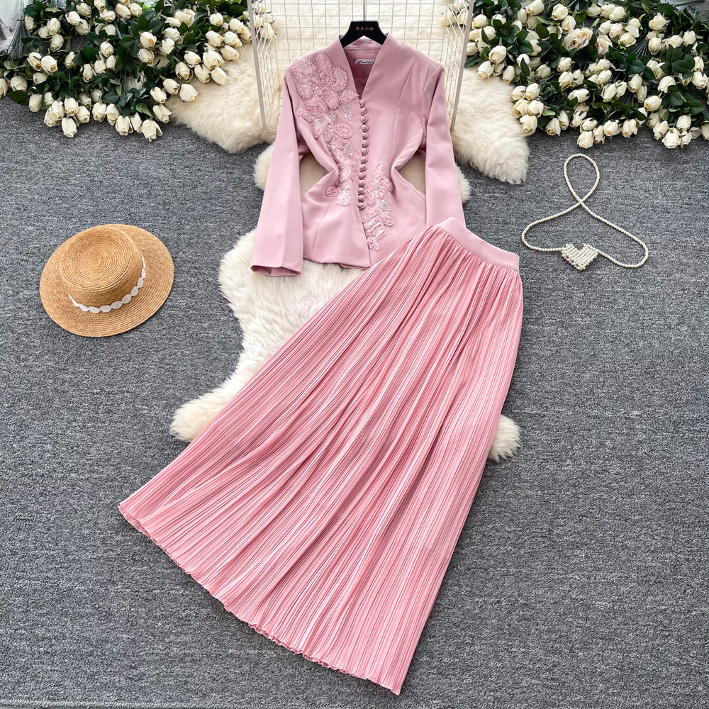 French chic v-neck embroidered jacket & high-waisted pleated skirt set - slimming, elegant, and stylish two-piece outfit for spring and autumn