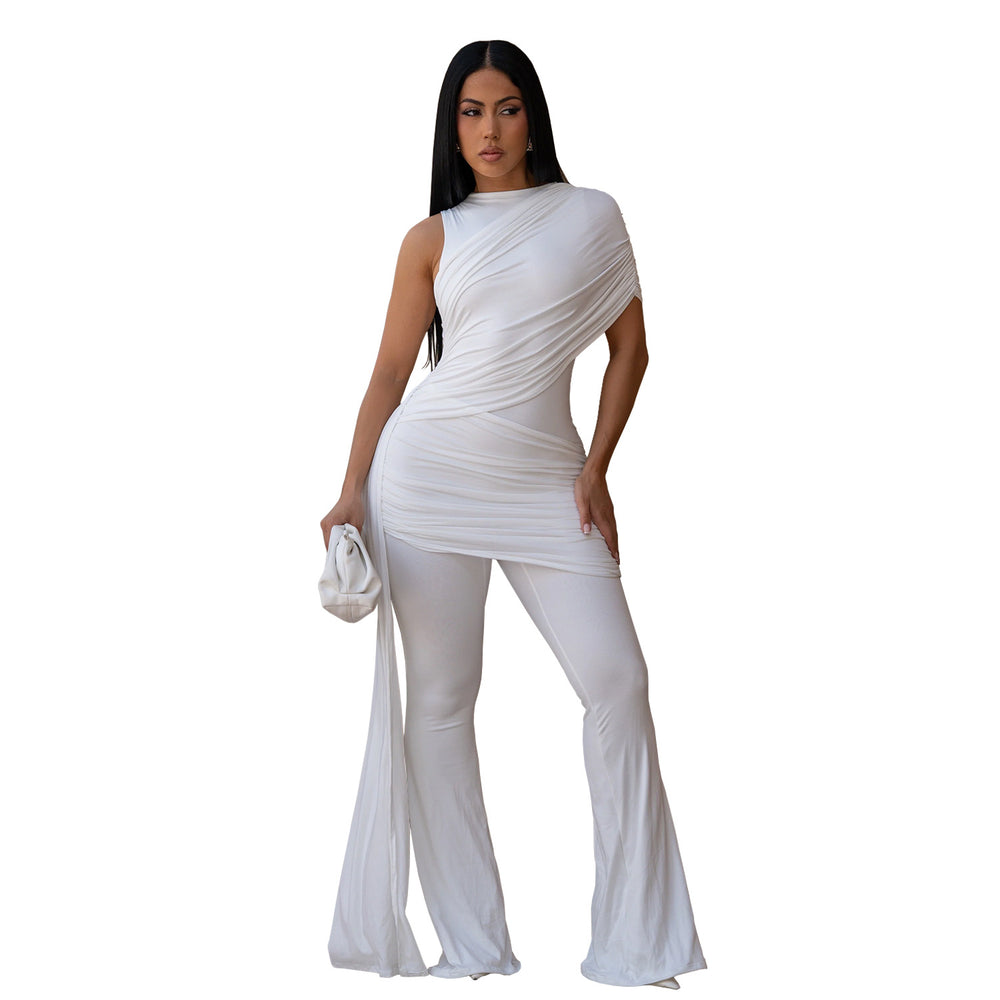 C7700 cross-border   fashion women's elegant bodycon jumpsuit with ruffled detail