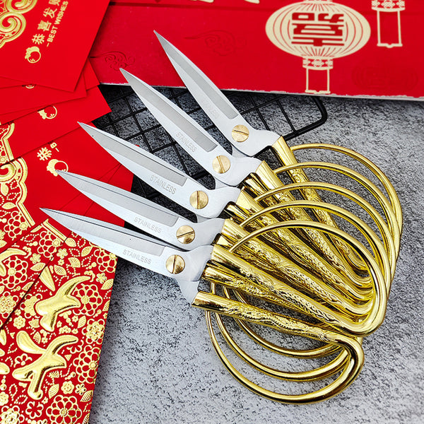 Wholesale large stainless steel dragon and phoenix scissors festive gold scissors opening ribbon scissors home tailor cutting retro scissors