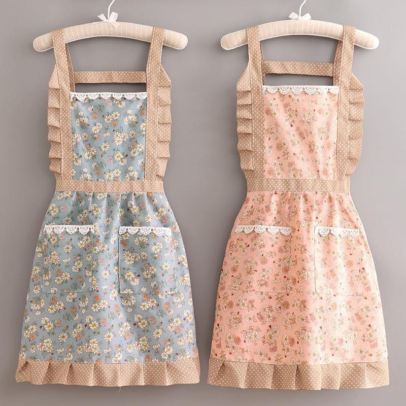 Apron female kitchen for home anti-fouling and stain-resistant work cute k-style princess floral waistband new arrival canvas