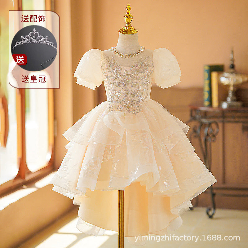 Wholesale girls' formal dress - summer style, train, bubble sleeves, high-end, piano recital, runway, chic & elegant dress