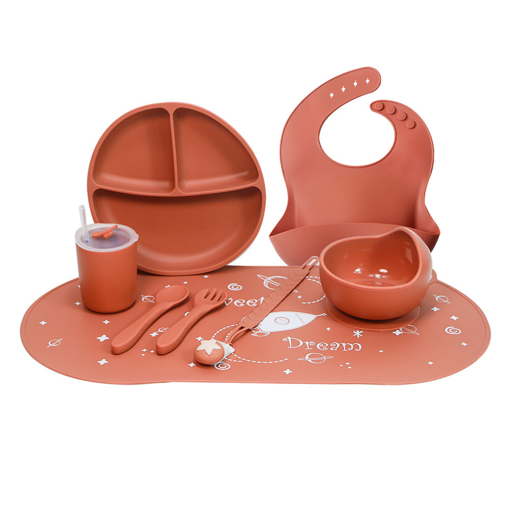 hot-selling children's food supplement silicone dinner plate, bowl, fork, spoon, bib, eight-piece tableware set, anti-fall dinner plate, suction cup