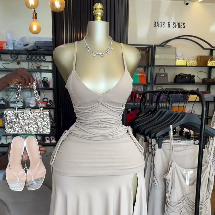 European and american cross-border women's fashion  summer new arrival: elegant tie-strap v-neck camisole top and asymmetrical midi skirt set