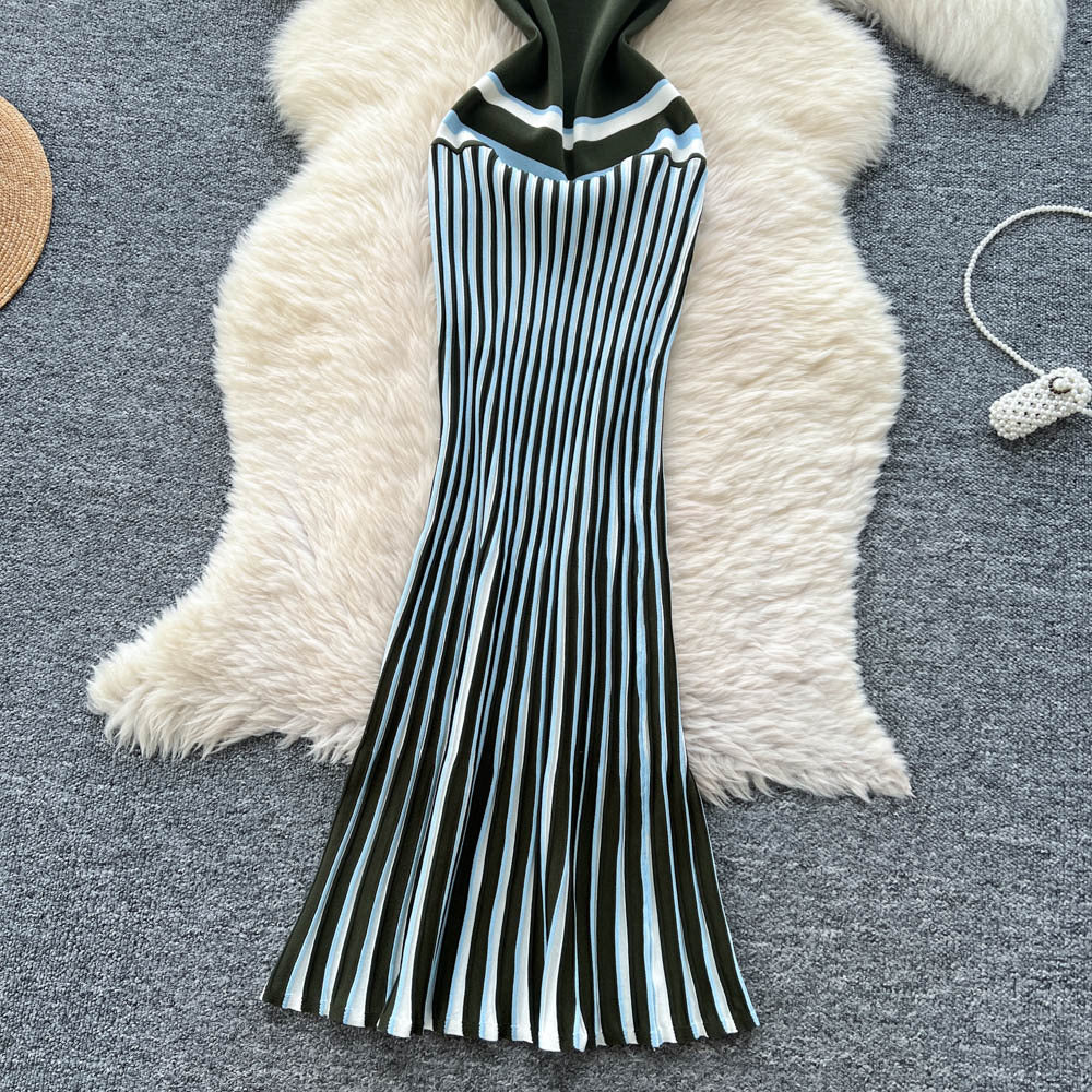 European and american high-end striped knit cami dress - women's summer slimming, figure-flattering, unique, stunning maxi dress