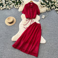 Dopamine red lace cutout blouse and skirt two-piece set - women's summer commute style slim fit outfit - new  collection