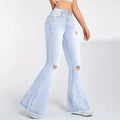 Fashionjeans women's ripped raw edge slightly flared high waist elastic silmslimming look retro washed flared pants spicy