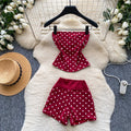 Gentle wind red polka dot tube top vest high waistshortstwo-piece set female summercasualslimming looksuit outfit