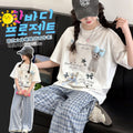 girls' summer wide-leg pants set: short-sleeve plaid t-shirt and pants two-piece outfit for girls, cute and casual