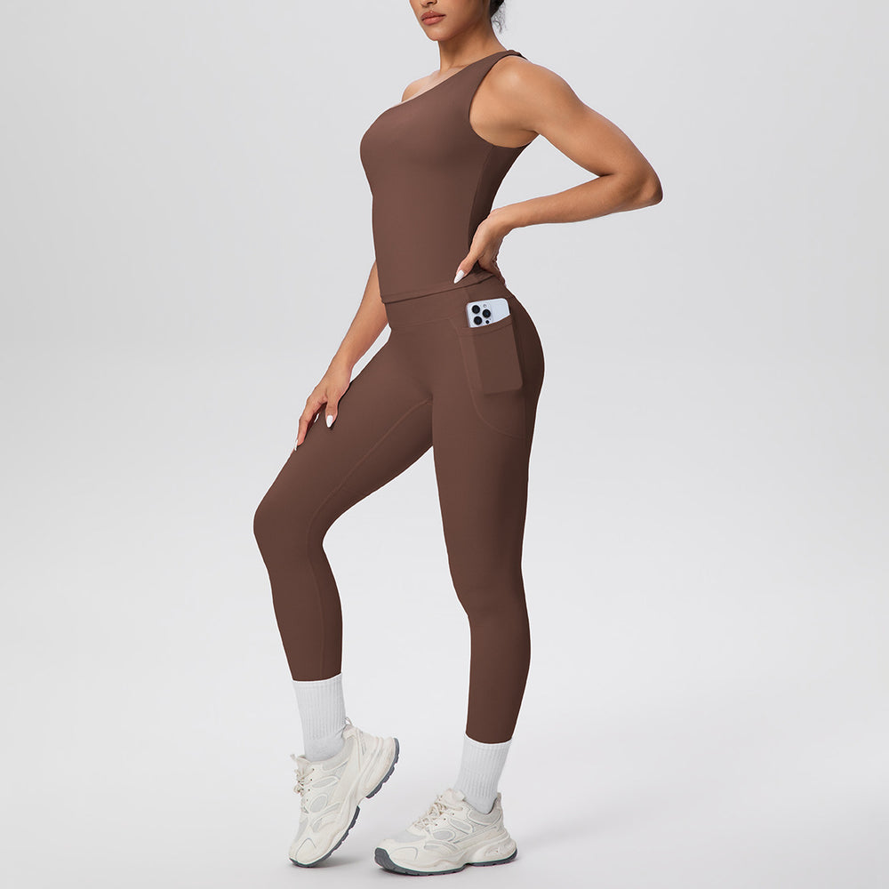 New arrival: cross-border brushed microfiber seamless tank top & leggings set - pocketed activewear for running, fitness, and yoga (two-piece)