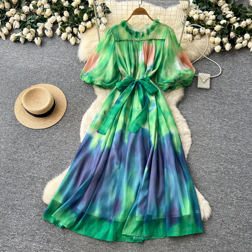 Frenchromantic style puff sleeve tie-dye dress women's summer k-style strappy waist a-line draped long skirt classy sense