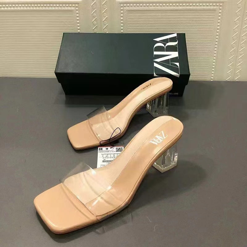Za2024summernew arrival thick heel women's shoes square toe one strap high heels women's pvc open toe open heel glass heel cool