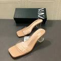 Za2024summernew arrival thick heel women's shoes square toe one strap high heels women's pvc open toe open heel glass heel cool