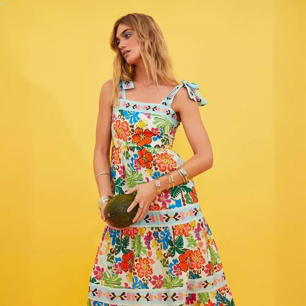 2025 summer amazon fashion new sleeveless collarless high waist plant printing women's large swing suspender dress