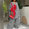 Autumn new plaid design suit casual work clothing bows decorated straight-leg pantsloosecasualtwo-piece set