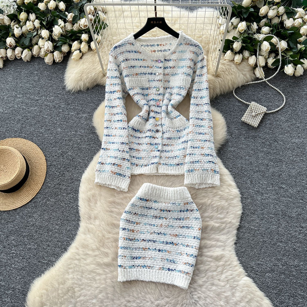 Xiaoxiangfengfashionablesuitfemaleautumclassycontrast color round neck waist long sleeves knitting shirt hip covering short skirt