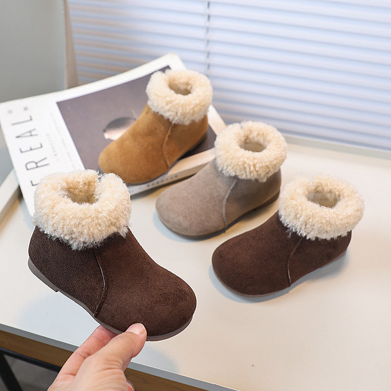Girls' lambswool snow boots - new  collection: kids' retro fuzzy ankle boots, plush-lined flat winter cotton shoes