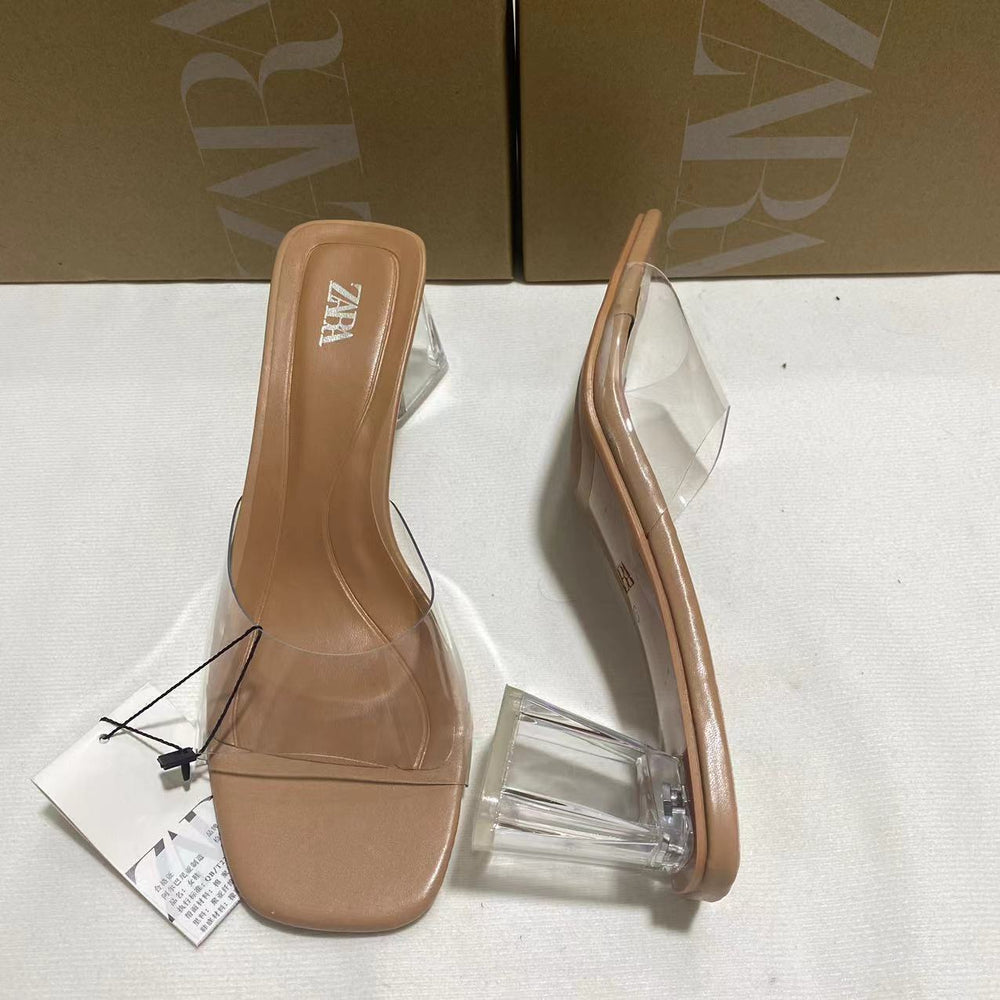 New 2024 women's single strap square toe pvc open toe glass heel slingback fashion sandals